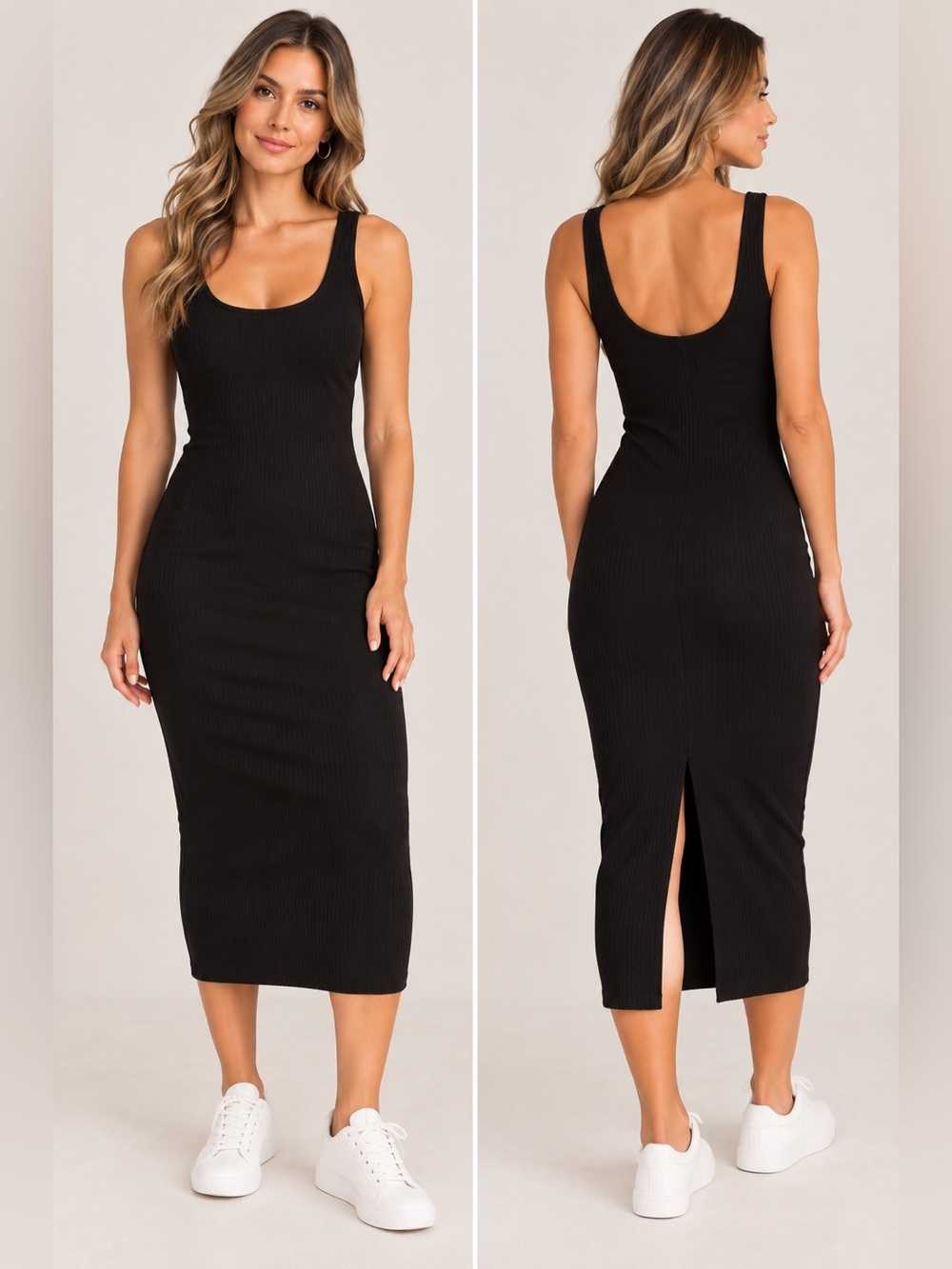 Classic Black Sleeveless ribbed bodycon Midi Dress